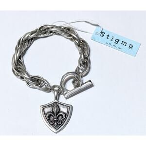 Stigma Mens Toggle Chain Bracelet Silver Tone Fleur-de-Lis Shield Charm